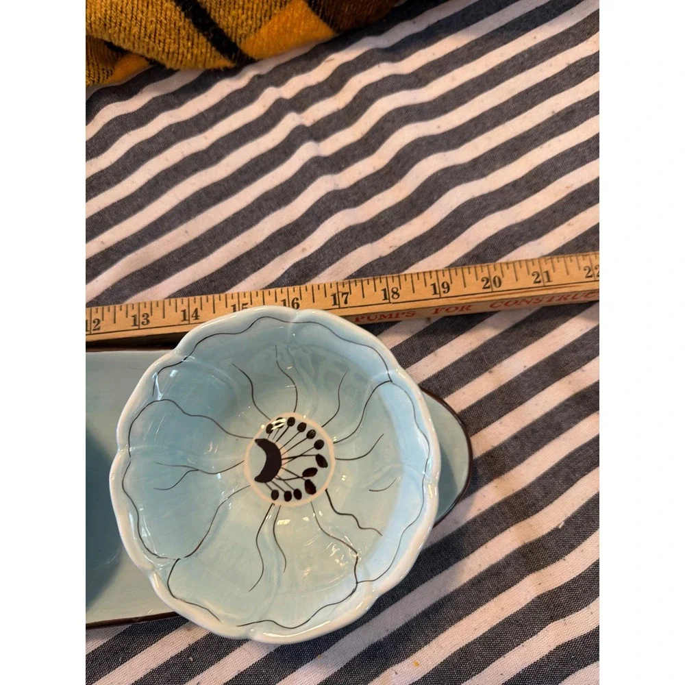 Laurie Gates Ava Collection Blue Ceramic Chip and Dip Serving Tray 3 Bowl Set